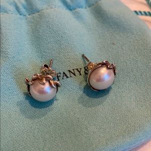 Tiffany Olive Leaf Pearl Studs 